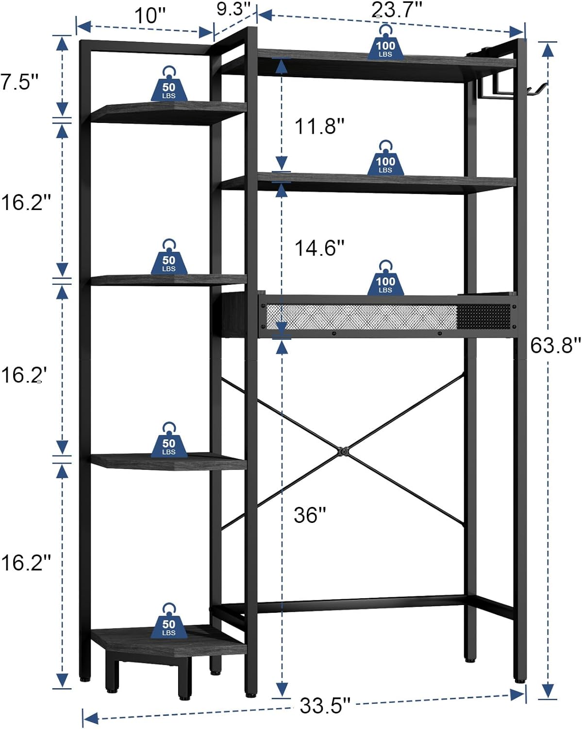 K1 Heavy Duty 7-Tier Over The Toilet Storage（with Basket and Paper Hook） Freestanding Above Toilet Shelf with Adjustable Feet，Space Saver Bathroom Shelves 9.3" D x 33.5" W x 63.8" H，Black