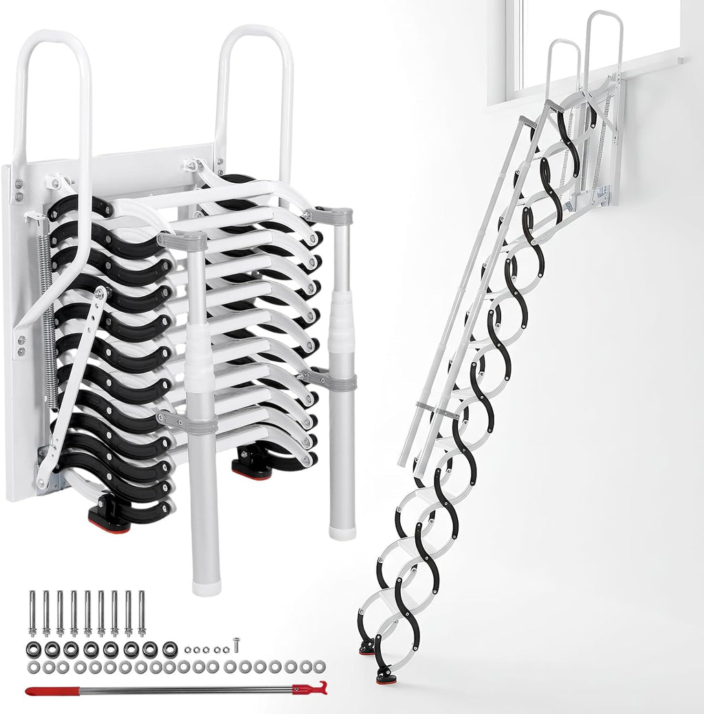 11 Steps Ceiling Mount Attic Staircase with Handrails, Foldable Loft | Includes 11-step wall-mounted attic stairs with handrails for home or garage. Space-saving foldable design, high stability,