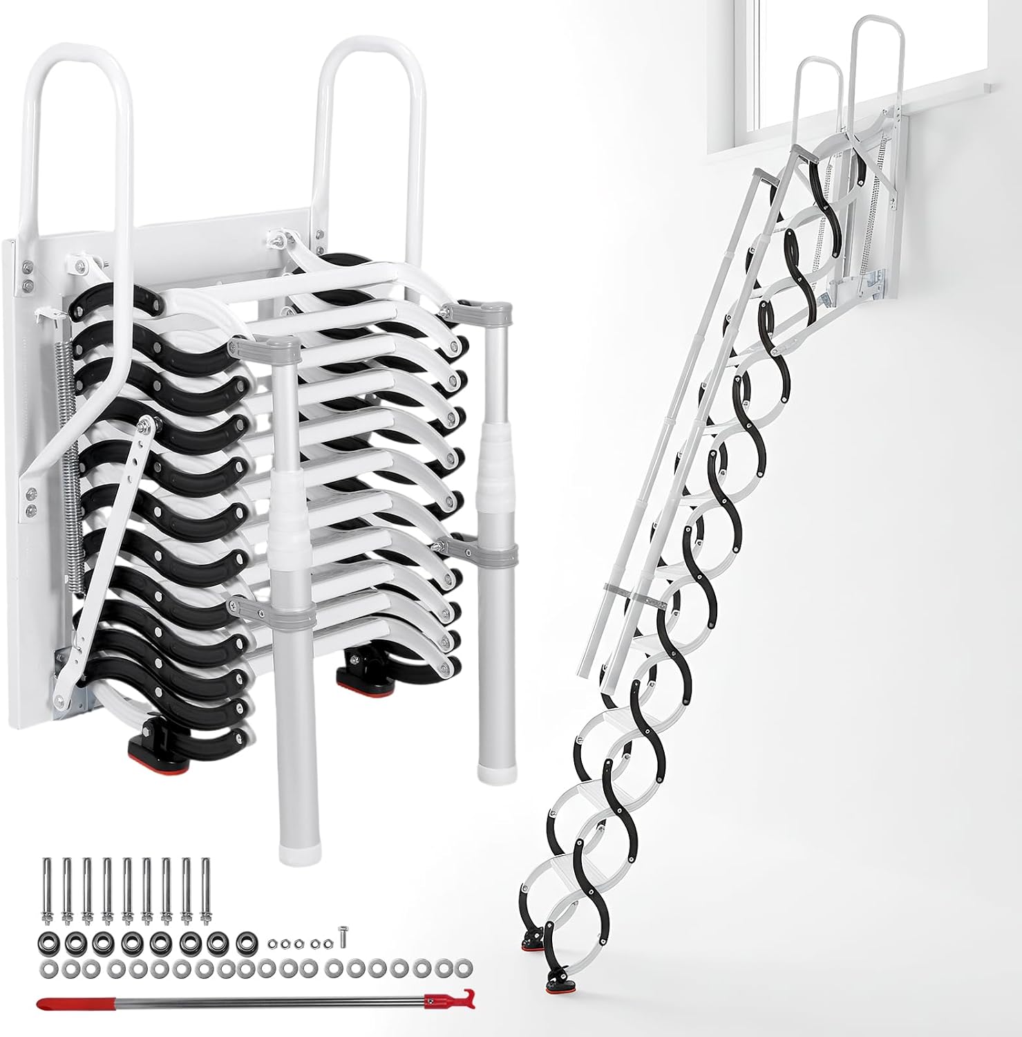 11 Steps Ceiling Mount Attic Staircase with Handrails, Foldable Loft | Includes 11-step wall-mounted attic stairs with handrails for home or garage. Space-saving foldable design, high stability,