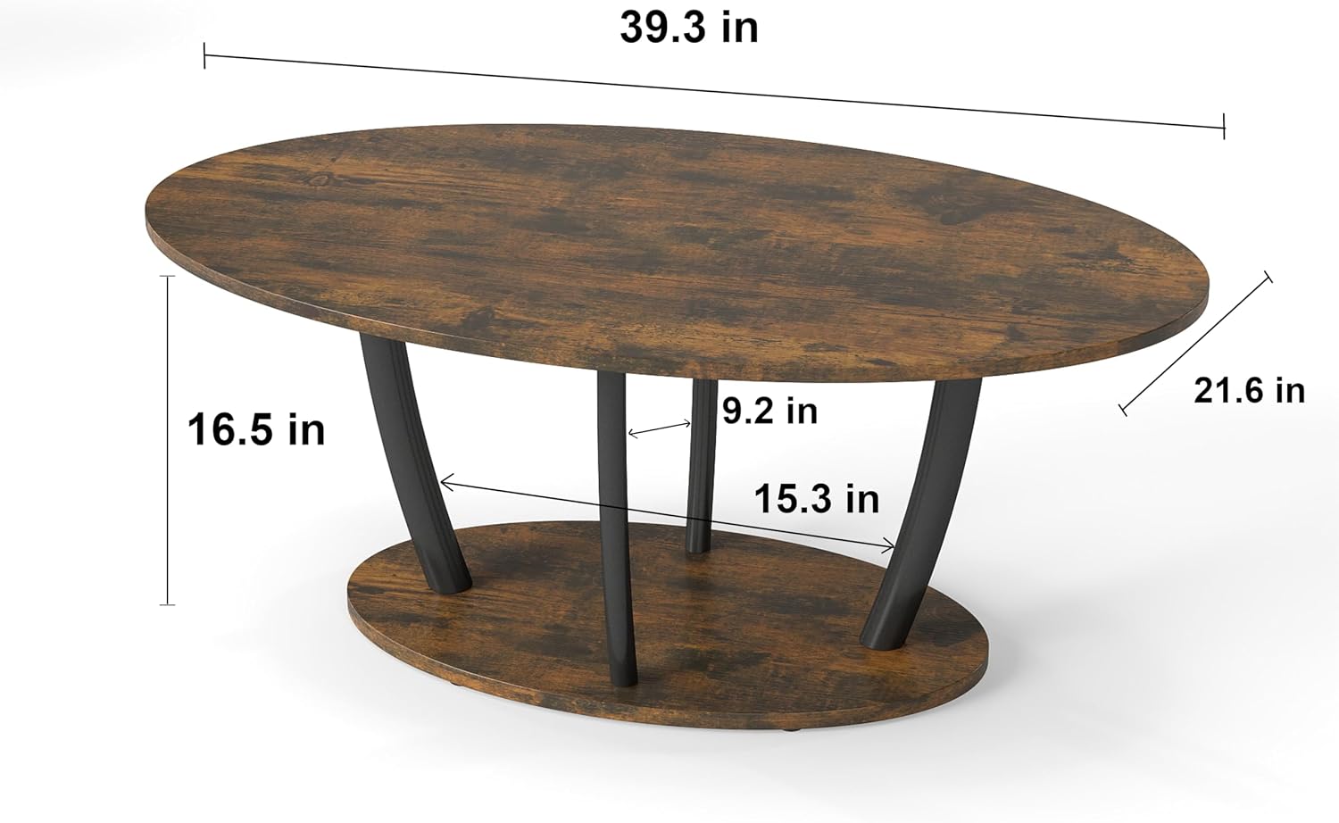 Manora Rustic Small Oval Coffee Table for Living Room, Narrow Wood Center Table with Shelf, Retro Style Coffee Table with Curved Metal Legs, Stable and Easy Assembly, Dark Brown