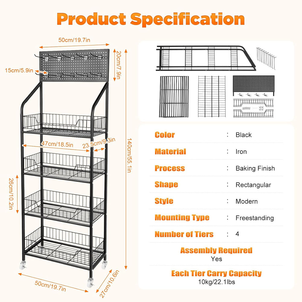 4 Tiers Baskets Adjustable Rolling Display Snack Rack, Snack Storage Organize...