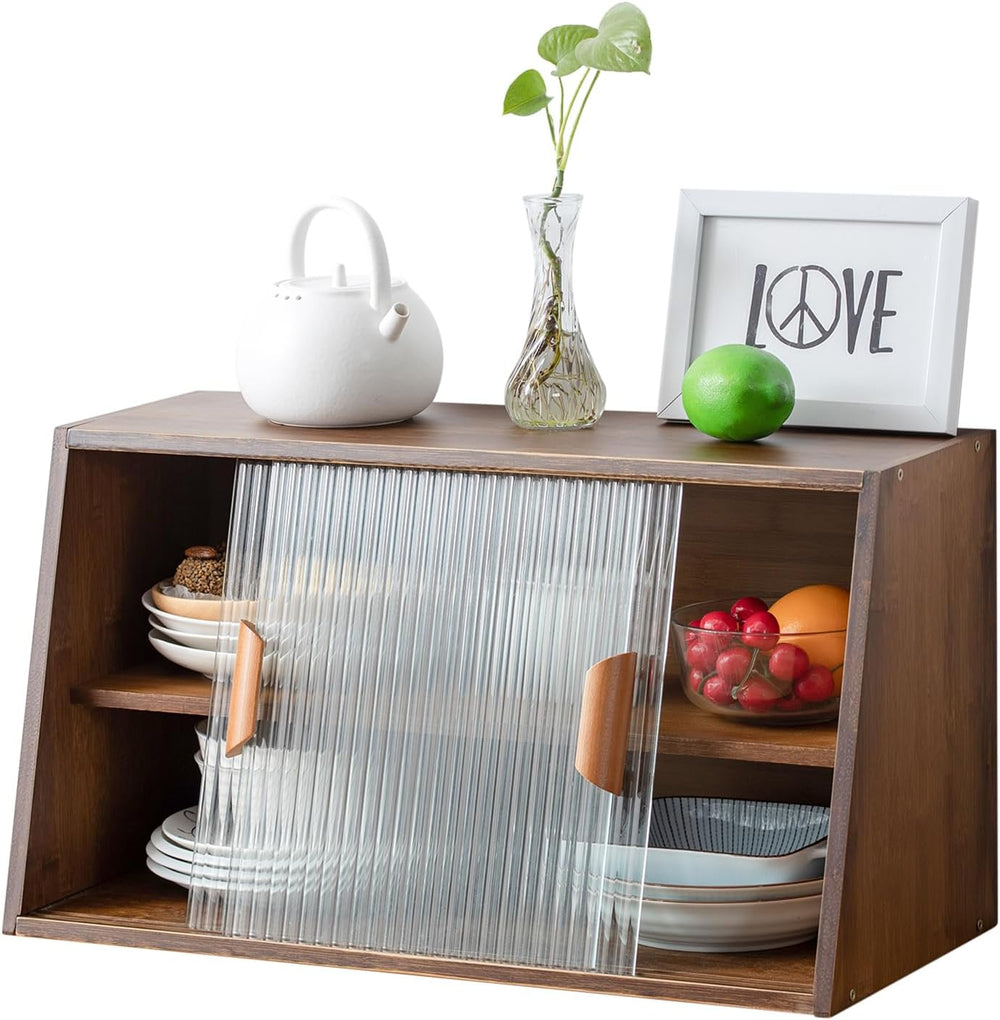 HollyHOME Countertop Pantry Cabinet, Bamboo Sideboard with Glass Doors