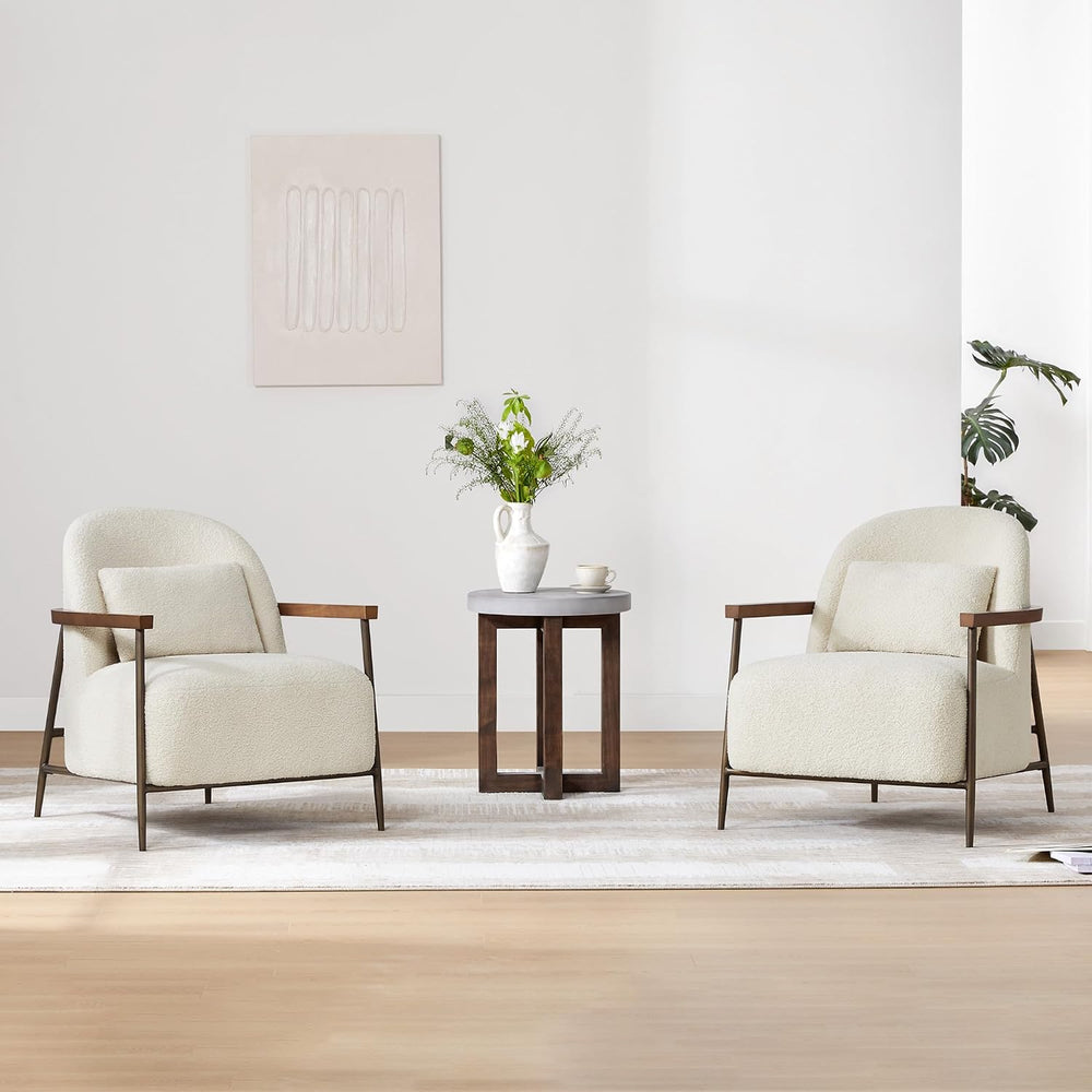 CHITA Accent Chair Set of 2, Sherpa Armchair with Wooden Armrest, Ivory