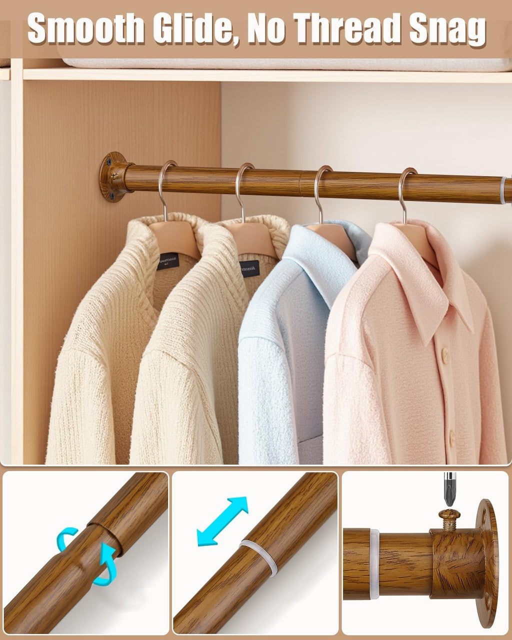 Closet Rods for Hanging Clothes, 17-40 Inch Heavy Duty and Stepless Adjustable Closet Poles, Stainless Steel Closet Hanging Rod for Wardrobes, Laundry Room, Bathroom, RV (Wood-Grain Finish)