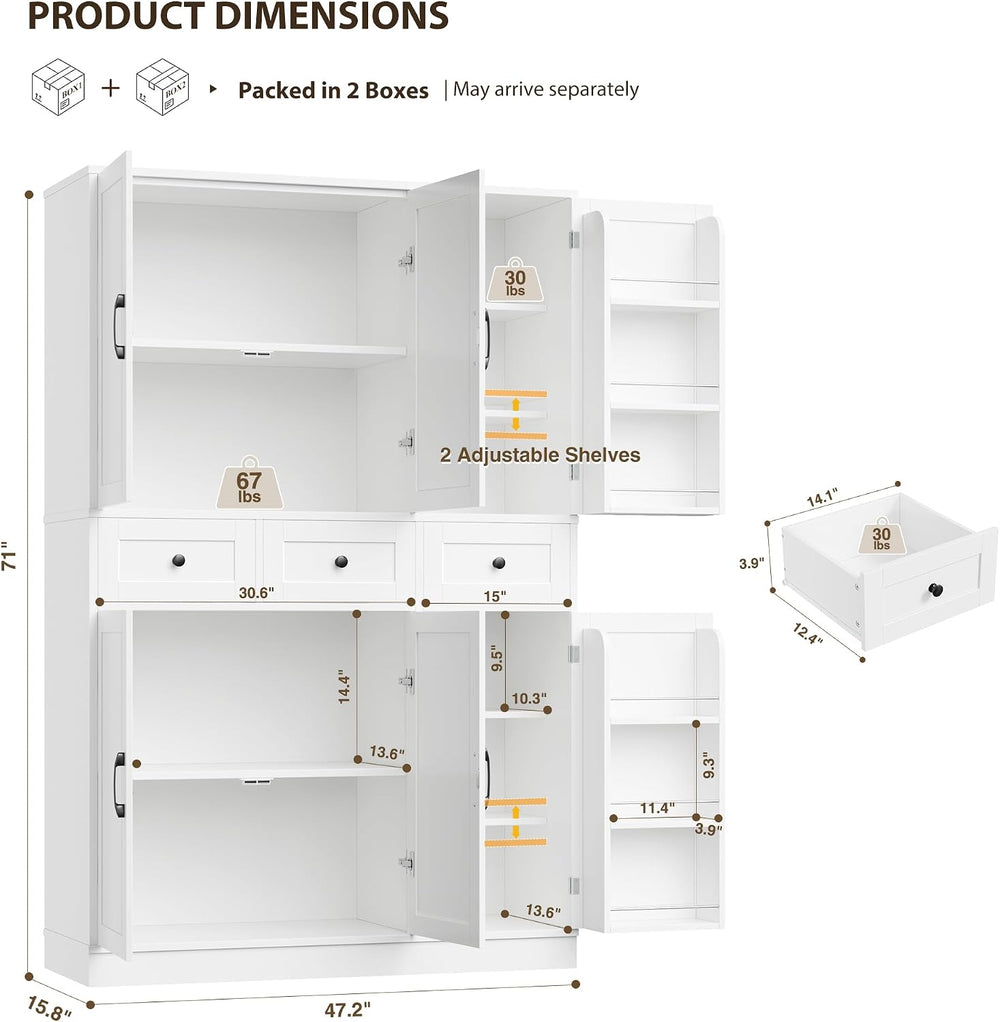 HITHOS 71" Tall Kitchen Pantry Storage Cabinet w/Drawers & Shelves, ...