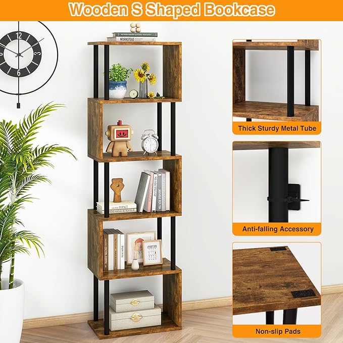 IBUYKE 6-Tier Tall Bookshelf,S-Shaped Geometric Bookcase, Wood Display Shelve...