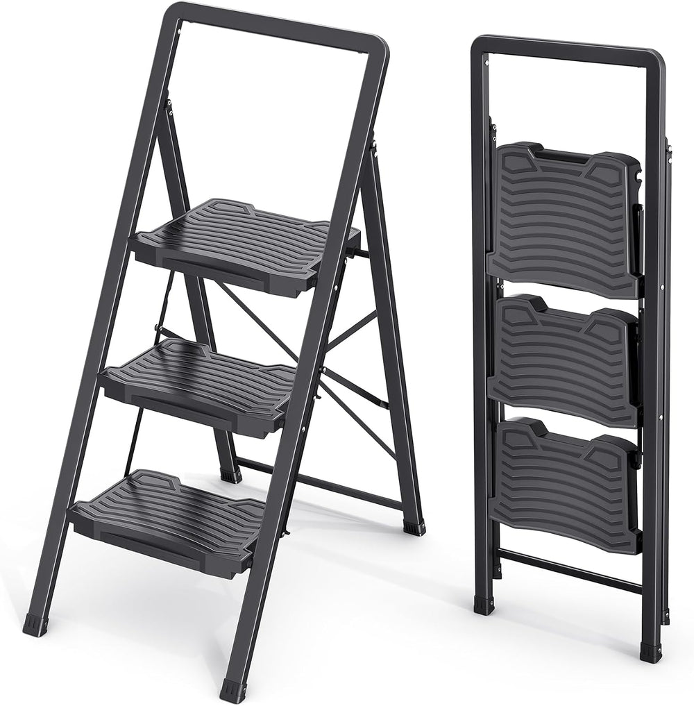 KINGRACK 3 Folding Step Ladder with Handrail, Steel Step Stool, Black
