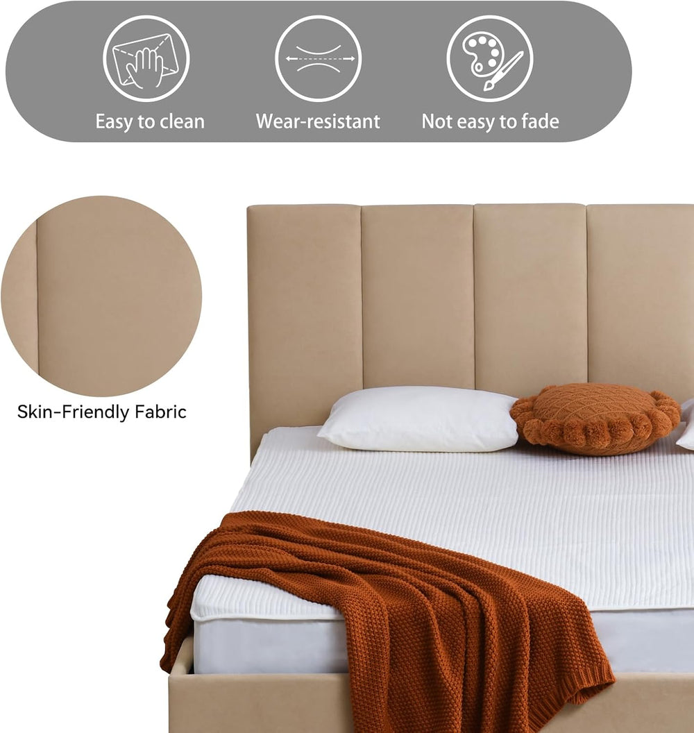 VELOCAVA King Size Upholstered Lift-Up Storage Bed, Beige Linen-Look Fabric B...