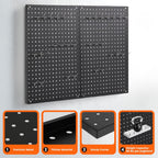 Pegboard, 2 PCS 24"×16" Metal Peg Board Panels Black Modular Wall Organizer Kit with 30 Hooks, Dual-Size Hole Design for Home Tool Storage, Garage Organization, Kitchen, Office, Craft Room