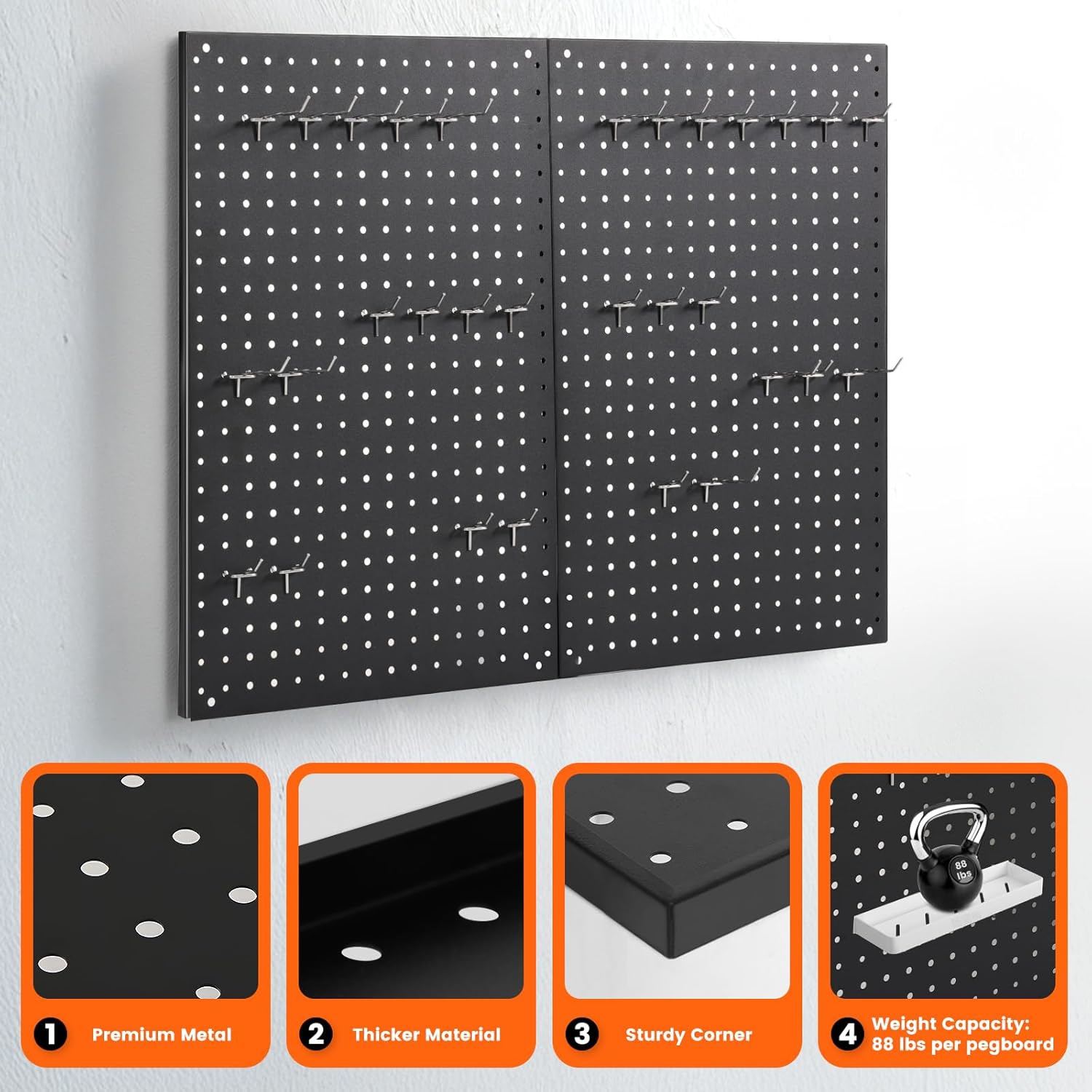 Pegboard, 2 PCS 24"×16" Metal Peg Board Panels Black Modular Wall Organizer Kit with 30 Hooks, Dual-Size Hole Design for Home Tool Storage, Garage Organization, Kitchen, Office, Craft Room