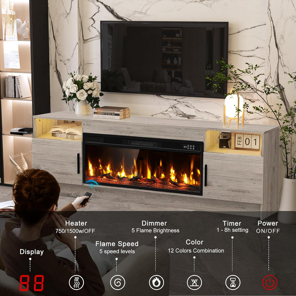 Kucreiheat TV Stand with Fireplace, Led Lights-Entertainment Center for Up to 80 inch TV-Modern TV Console for Living Room with Storage Cabinet, Faux Log Fireplace TV Stand, Oak Grey