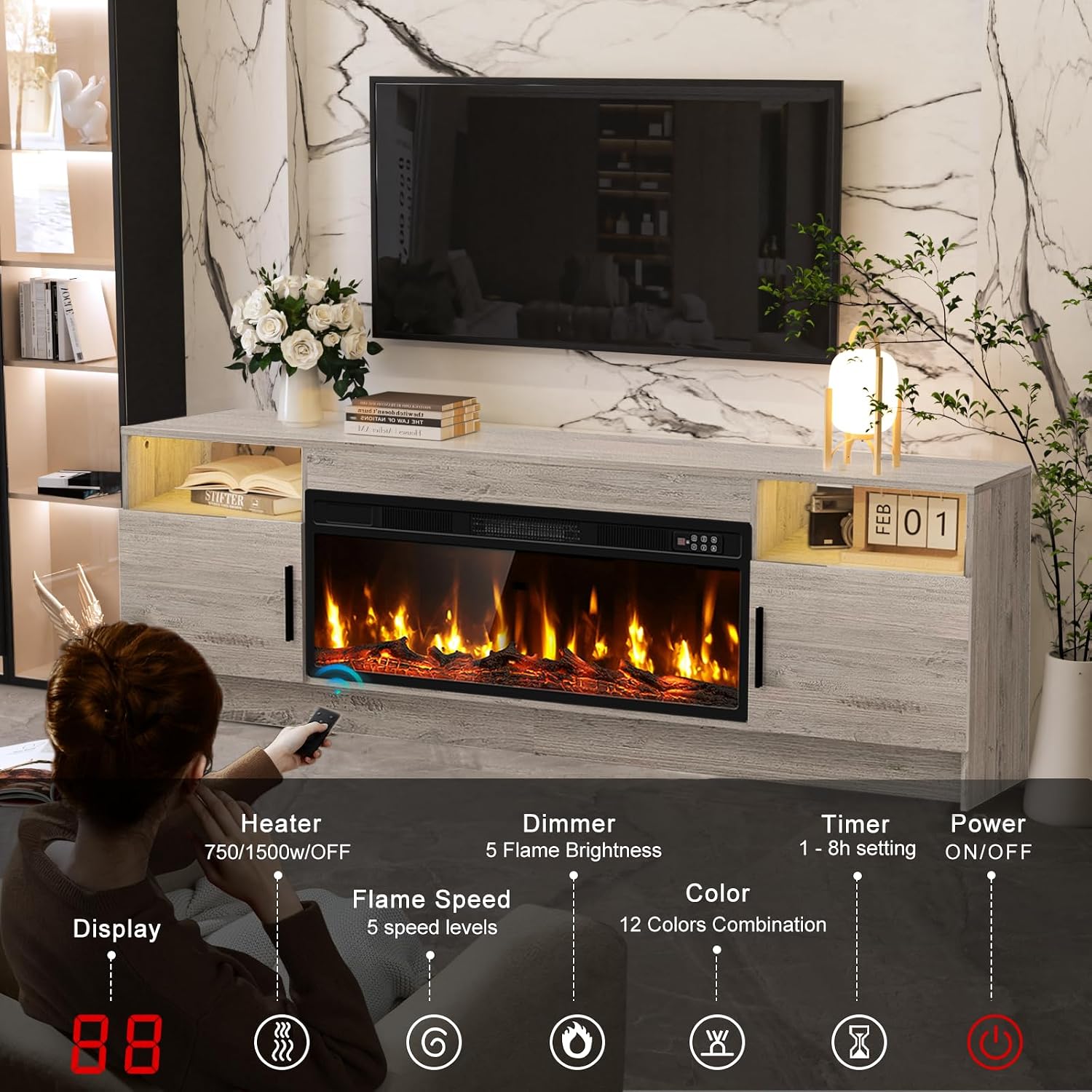 Kucreiheat TV Stand with Fireplace, Led Lights-Entertainment Center for Up to 80 inch TV-Modern TV Console for Living Room with Storage Cabinet, Faux Log Fireplace TV Stand, Oak Grey
