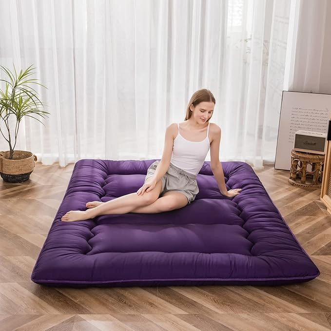 MAXYOYO Japanese Floor Mattress Futon Mattress, 4" Thicken Tatami Mat Sleeping Pad Foldable Roll Up Mat Boys Girls Dormitory Pad Kids Floor Lounger Pillow Bed, Charcoal Grey, Queen Size