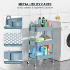 3 Tier Utility Rolling Cart, EAGMAK Metal Storage Cart with Handle and Lockable Wheels, Multifunctional Storage Organizer Trolley with Mesh Baskets for Kitchen, Living Room, Office, Garage (Blue)