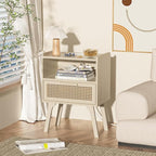 Lerliuo Rattan Nightstand with Charging Station, Side Table with Drawer Open Shelf, Cane Accent Bedside End Table with Solid Wood Legs, Night Stand for Bedroom, Dorm and Small Spaces (Grey White)