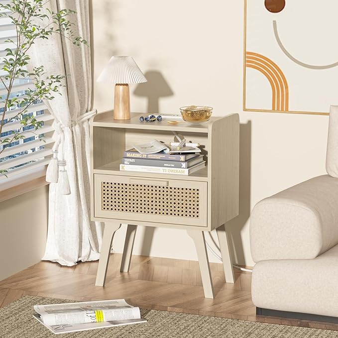 Lerliuo Rattan Nightstands Set of 2 with Charging Station, Side Table with Dr...