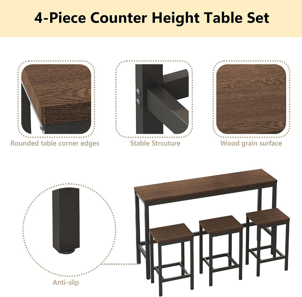 Merax Modern Design 4-Piece Counter Height Extra Long Dining Table Set with 3 Stools and Side Table with Footrest,Space-Saving Pub Kitchen Set,Easy Assembly,Dark Brown