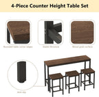 Merax Modern Design 4-Piece Counter Height Extra Long Dining Table Set with 3 Stools and Side Table with Footrest,Space-Saving Pub Kitchen Set,Easy Assembly,Dark Brown