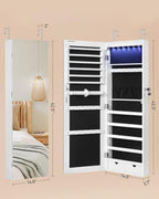 SONGMICS Hanging Jewelry Cabinet, Wall-Mounted Cabinet with LED Interior Lights, Door-Mounted Jewelry Organizer, Full-Length Mirror, Christmas Gift Idea, White UJJC99WT