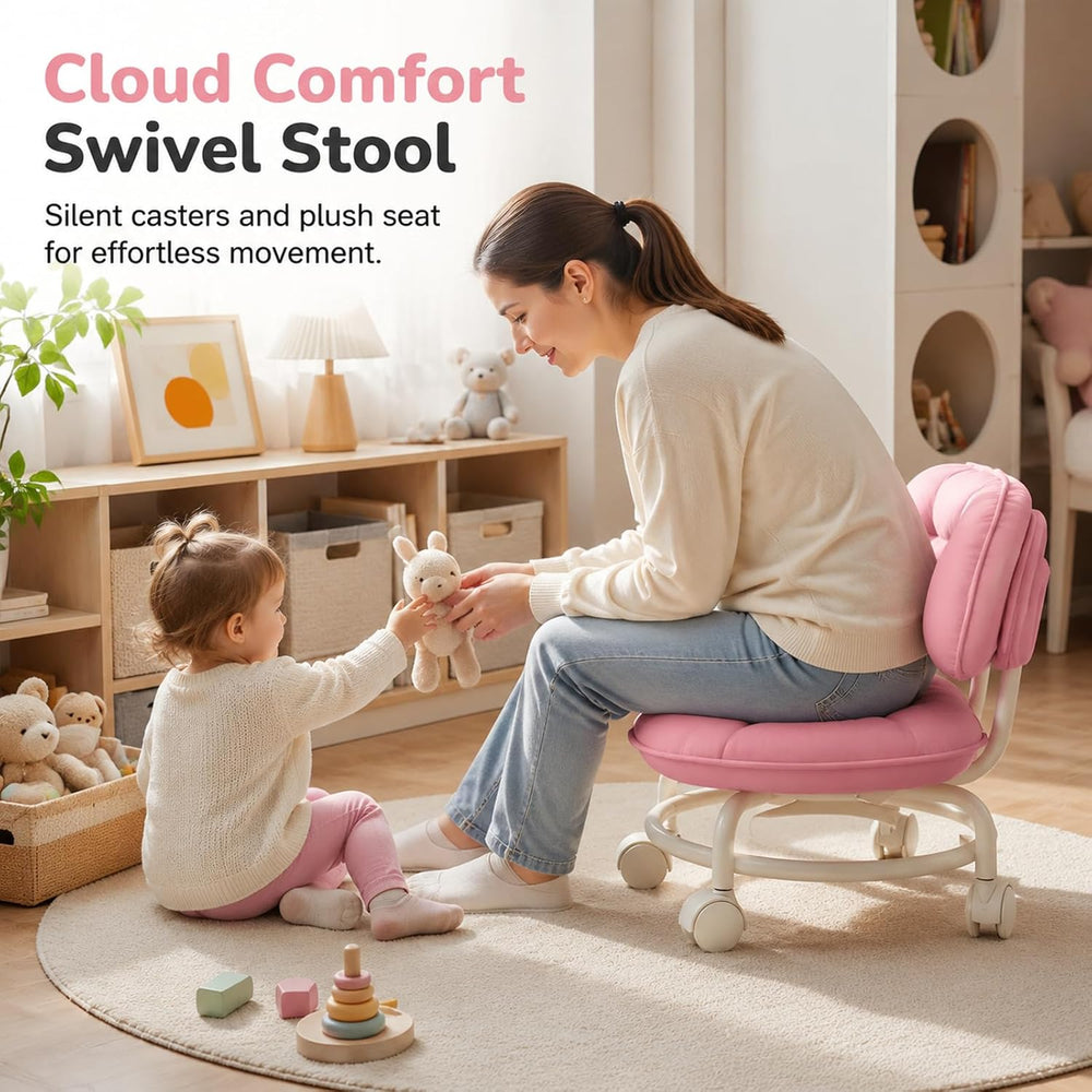 Rolling Low Stool with Backrest, Cloud Comfort Swivel Stool，Gray | Rolling Ba...