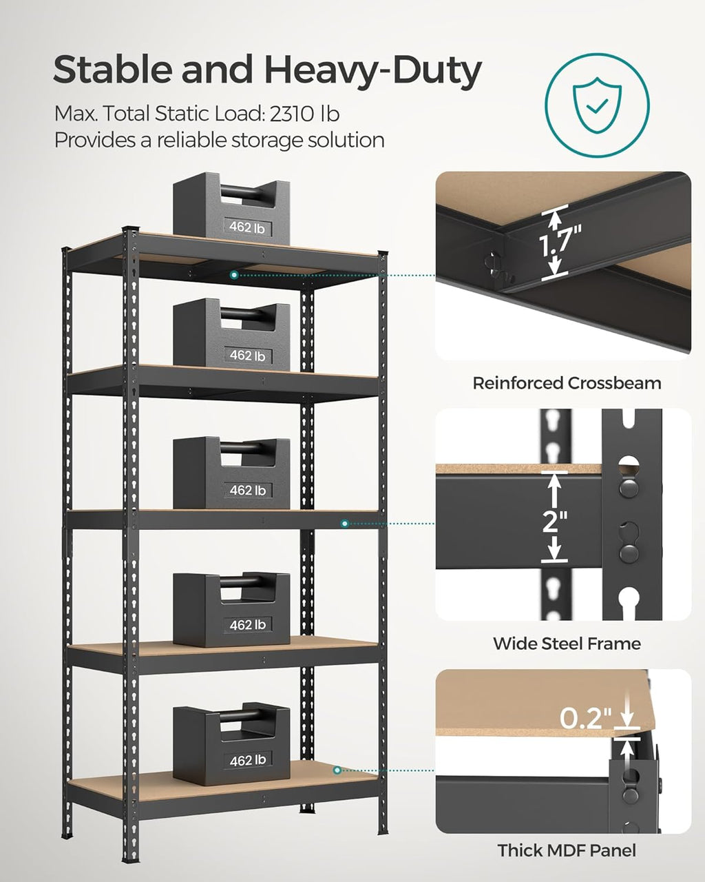 SONGMICS 5-Tier Storage Shelves, Load 2310 lb, Garage Storage, Boltless Assembly, Adjustable Shelving Unit, 17.7 x 35.4 x 70.9 Inches, for Study Shed Basement, Black and Natural Beige UGLR450B01