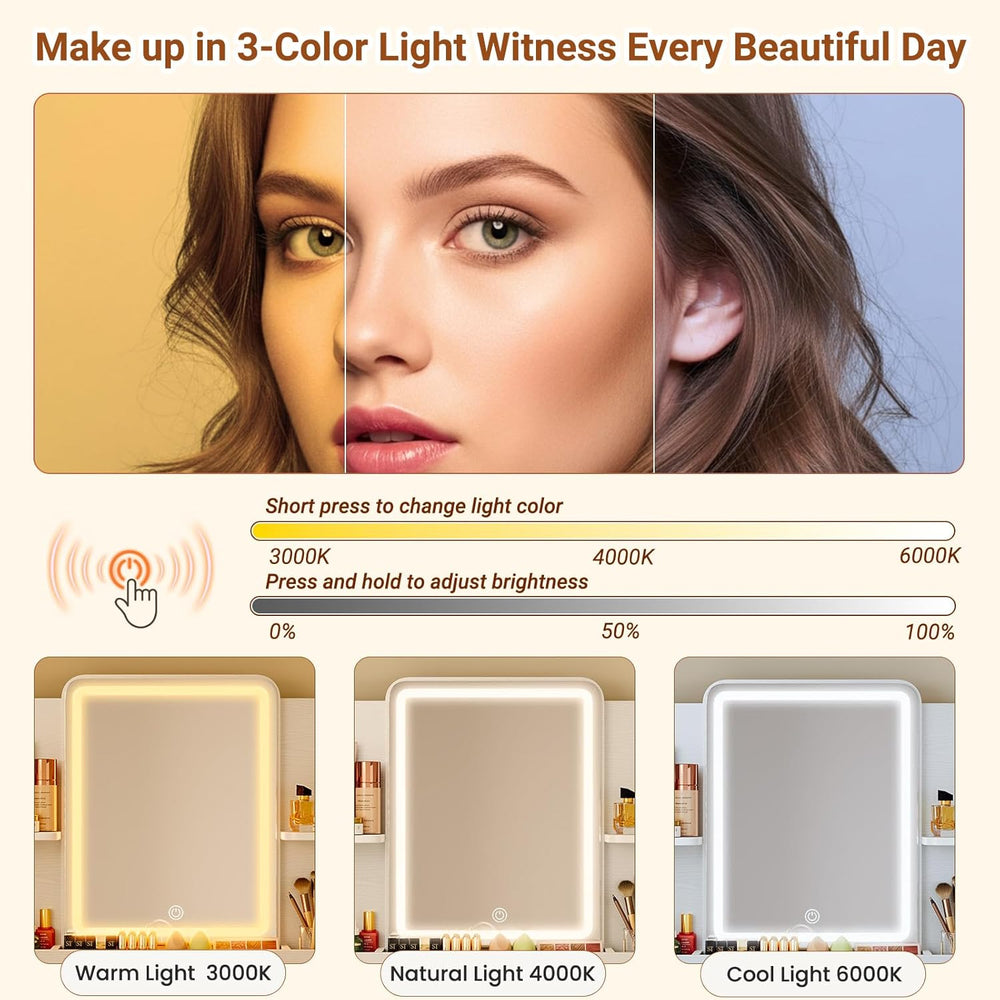 Driftalia White Small Vanity Desk with Mirror and 3 Color Adjustable Lights |...