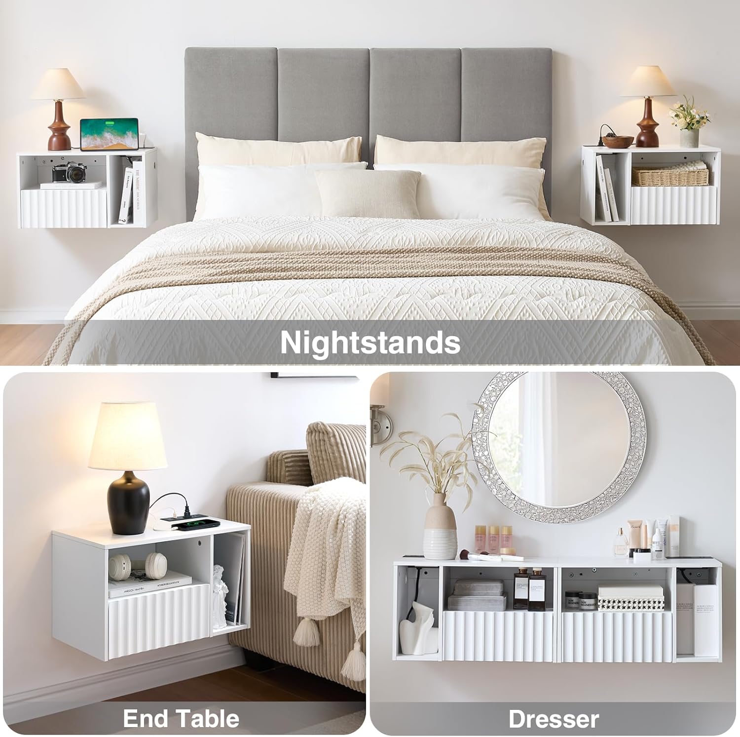 Modern Matte White Fluted Floating Nightstand with Charging Station, NightStand with Drawers, Bedside with USB Ports and Outlets, Bedroom Furniture (Right)