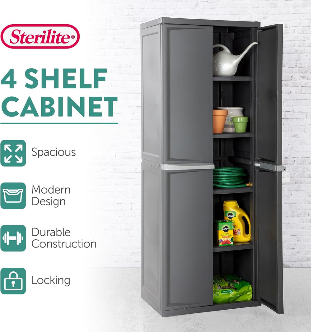Sterilite 4 Shelf Cabinet, Lockable Utility Storage w/ Adjustable Shelves, Gr...