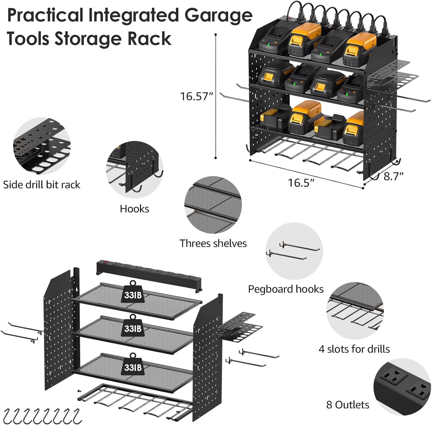 CCCEI Modular Pegboard Rack Power Tool Organizer with Charging Station. 4 Layer Wall Mount Drill Holder, Tools Battery Charger Organizer. Garage Shop Storage Utility Shelf with 6FT Power Strip. Black
