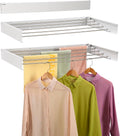 Wall Mounted Laundry Drying Rack, Retractable Clothes Drying Rack for Bathroom with Wall Template, 5 Stainless Rods Heaving 60 lb Capacity (White, 40")