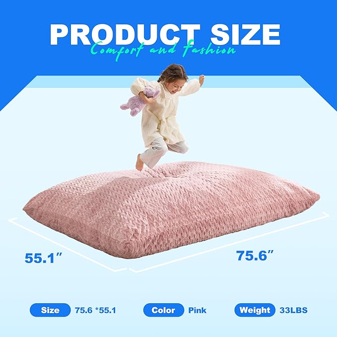 Hobestluk 3 in 1 Bean Bag Chair Giant Bean Bag Chairs for Adults with Chevron Plush Fur Cover Convertible Bean Bag Floor Cushion with Machine Washable Cover for Living Room (Chevron Plush Pink)
