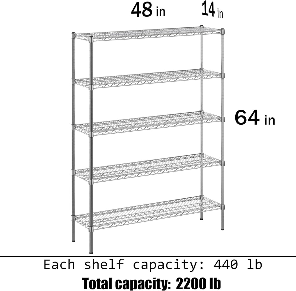 14" Deep x 48" Wide x 64" Height Wire Shelving Kit | 5-Tier | NSF Commercial Storage Rack Unit
