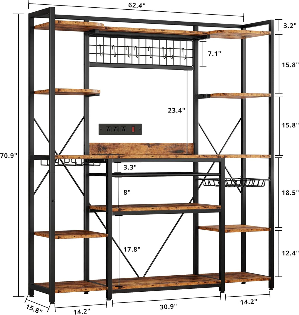 IRONCK 62.4-Inch Bakers Rack with Power Outlets and Wine Storage | 62.4-inch wide bakers rack combines 5 shelves, 3 AC outlets, a wine rack, basket, and S-hooks.
