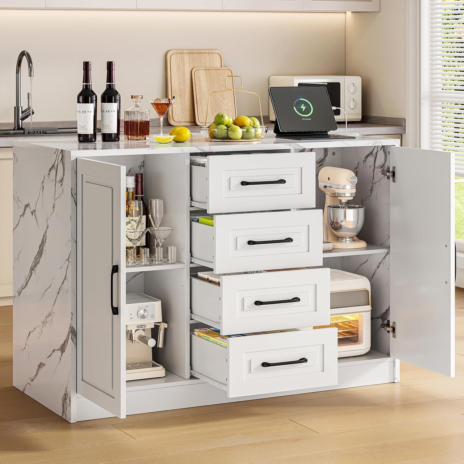 ONBRILL 47.3" Kitchen Island with 2 Storage Cabinets & 4 Drawers, Modern Imitation Marble Dining Table with Power Outlet, Island Bar Table for Kitchen, Dining Room, Living Room, White