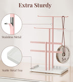 pickpiff Jewelry Holder Organizer, 12.5'' Tall Sturdy Metal Stand, 3-Tier Jewelry Hanger for Necklace, Earring, Bracelet, Ring, for Display and Storage, Aesthetic Room Decor, Pink