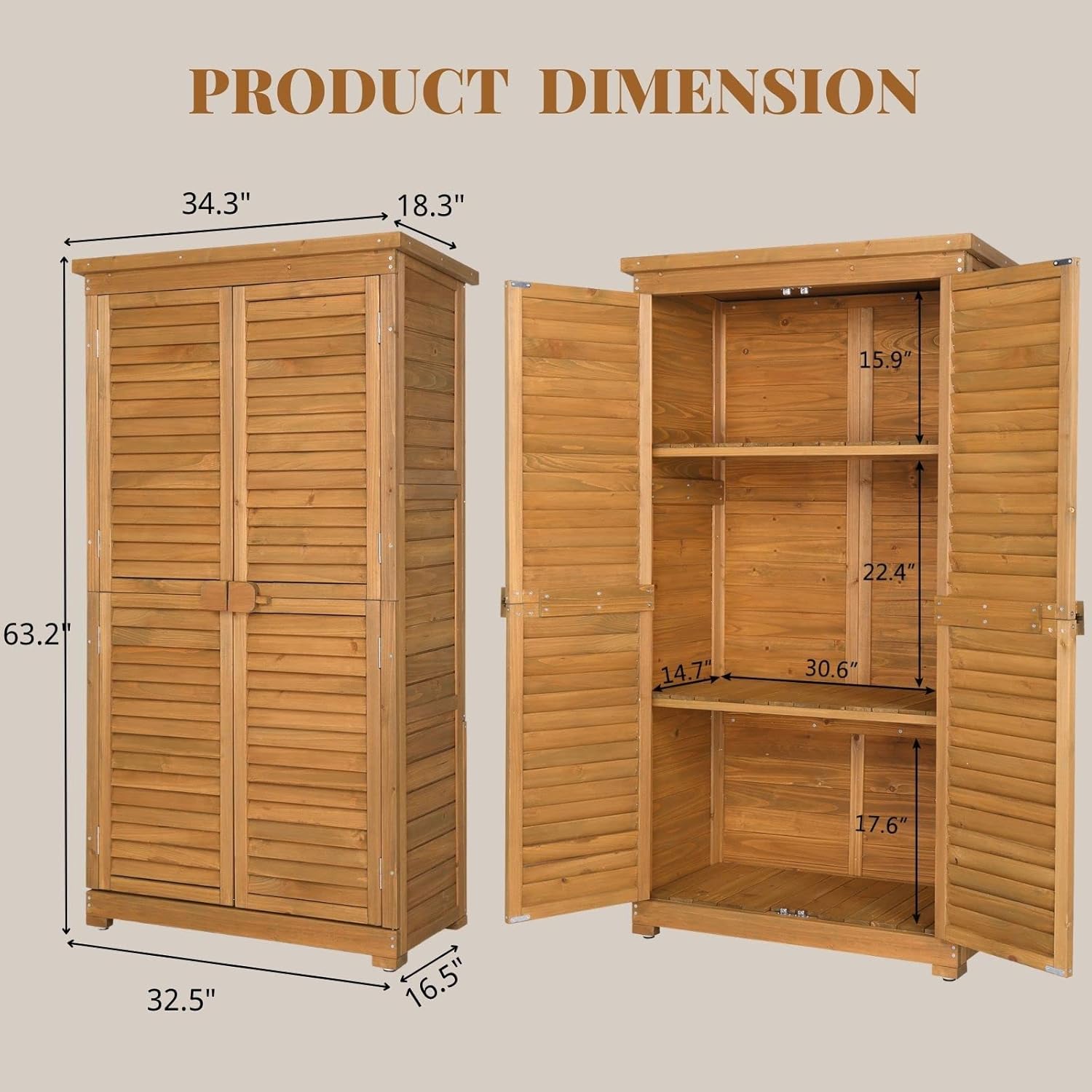 Outvita Outdoor Storage Cabinet, 63in Wooden Garden Tools Shed with 2 Lockable Doors, 3 Adjustable Shelves, Waterproof Roof for Yard Garge Patio Deck Porch, Natural