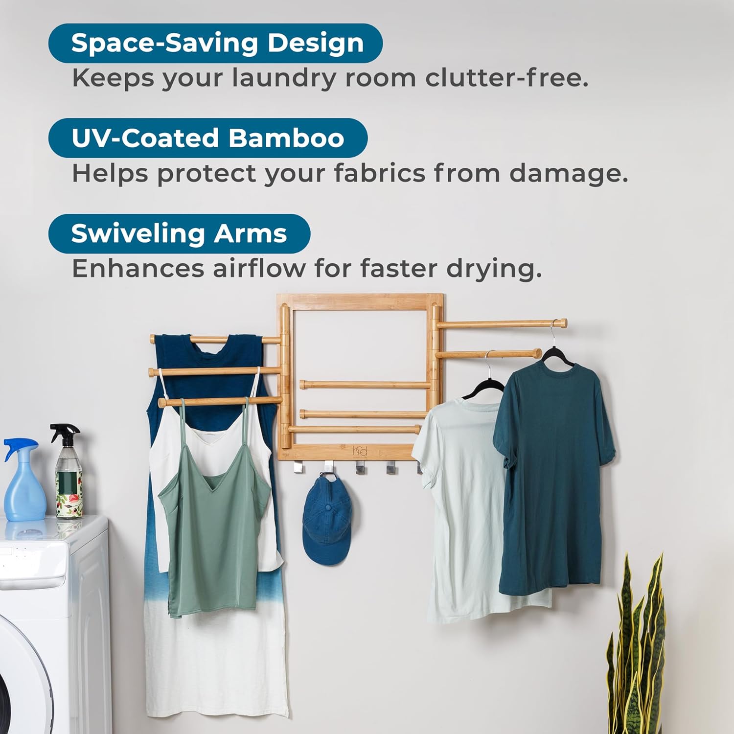 Honey-Can-Do Bamboo Wall-Mount Swivel-Arm Drying Rack, 80 lb, Natural | Wall-mount bamboo rack with 8 swivel arms holds 80 lb; folds to 1.7 in deep. Ships assembled with 5 steel hooks.