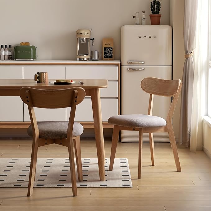100% Solid Oak Dining Chairs, Mid Century Modern Dining Chair with Curved Backrest, Fabric Upholstered Dining Chairs for Kitchen, Study, Living Room (2, Original Wood-Gray Cushion)