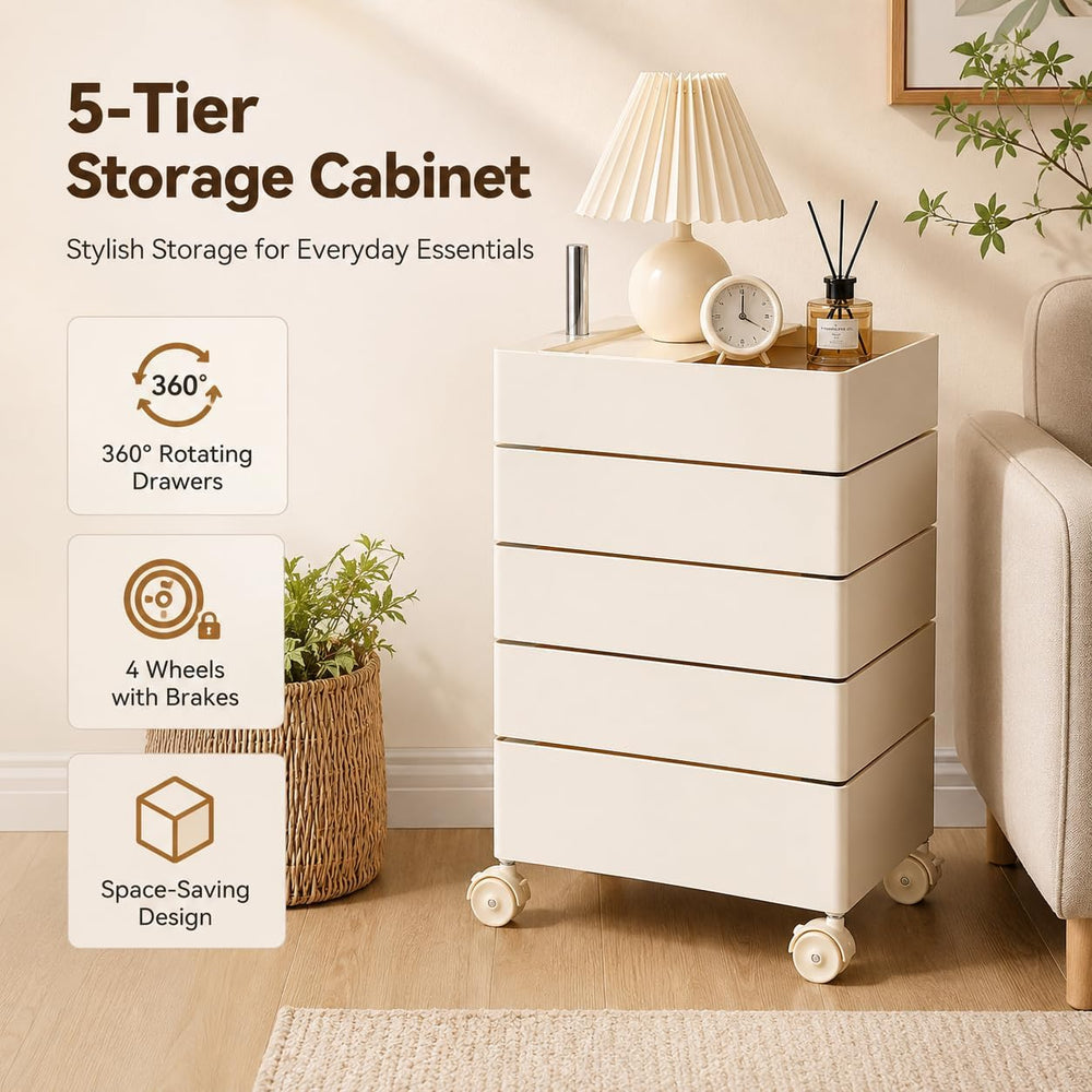 5-Tier Rotating Storage Cabinet with Wheels, 360° Swivel Rolling Organizer Ca...
