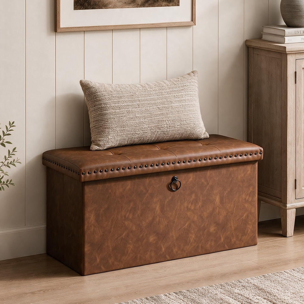 oakvivo 30 Inches Folding Storage Ottoman Bench, PU Leather Tufted End of Bed...