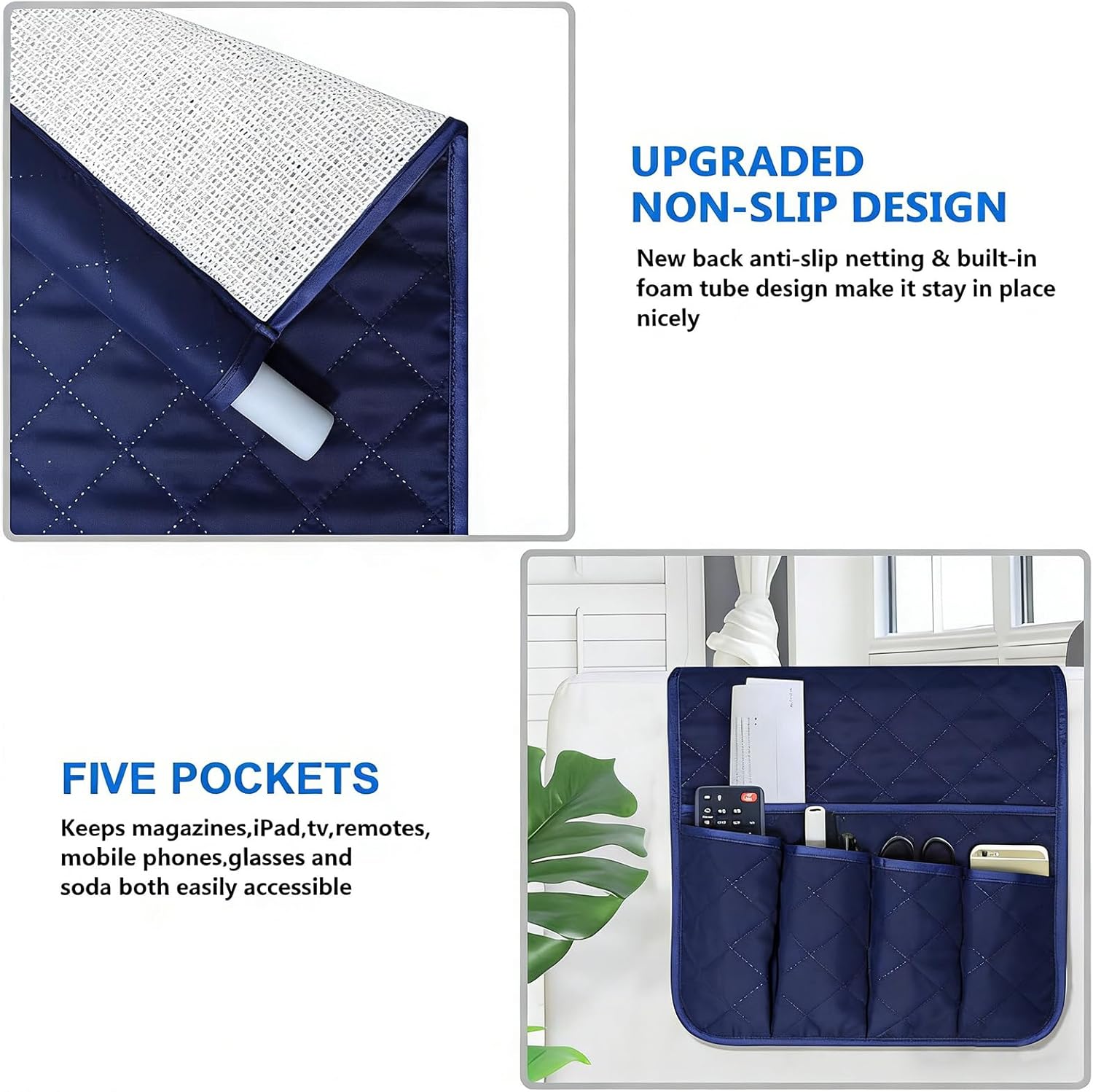 Sofa Armrest Organizer Non-Slip Arm Chair Bedside Caddy Storage Organizer for Recliner Couch with 5 Pockets for Cell Phone TV Remote Control Magazines (BLUE)