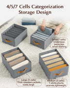 Clothes Organizers and Storage - 4/5/7 Grids Fabric Jeans Organizer with Handles, Foldable Closet Organizers Dividers, Wardrobe organizer for Pant, Sweater, T-shirt, Scarf, 3 Pack, Pale Grey