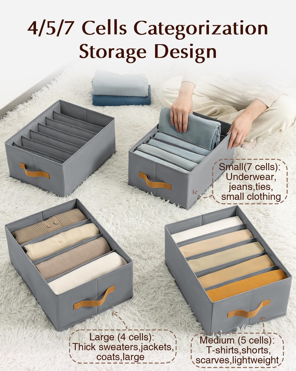 Clothes Organizers and Storage - 4/5/7 Grids Fabric Jeans Organizer with Handles, Foldable Closet Organizers Dividers, Wardrobe organizer for Pant, Sweater, T-shirt, Scarf, 3 Pack, Pale Grey