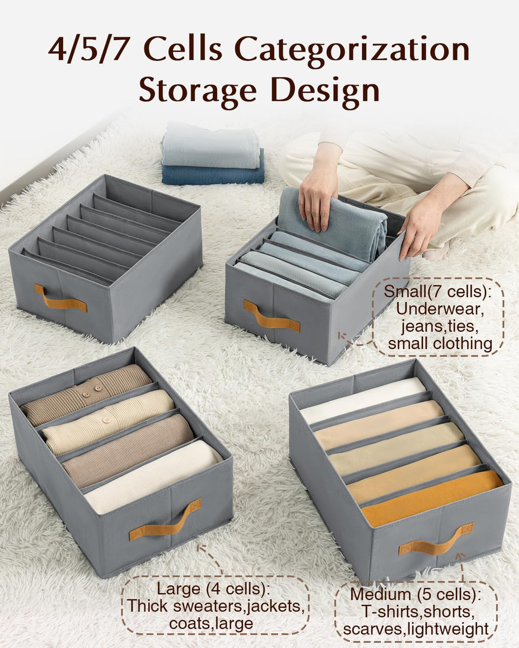 Clothes Organizers and Storage - 4/5/7 Grids Fabric Jeans Organizer with Handles, Foldable Closet Organizers Dividers, Wardrobe organizer for Pant, Sweater, T-shirt, Scarf, 6 Pack, Pale Grey