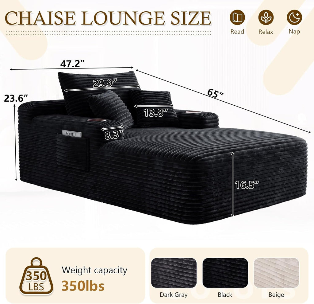 65" Oversized Chaise Lounge Chair Indoor, Boneless Chaise Lounge Chair with Cup Holders Side Pockets 3 Pillows, Cloud Corduroy Chaise Sofa Bed Sleeper Couches for Living Room No Assembly Require,Black