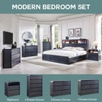 25" Tall Modern Nightstand with Charging Station, 23.6'' Wide Wood Bedside Table w/2 Storage Drawers, Large Mid Century End Table for Bedroom, Living Room, Curved Profile Design, Black