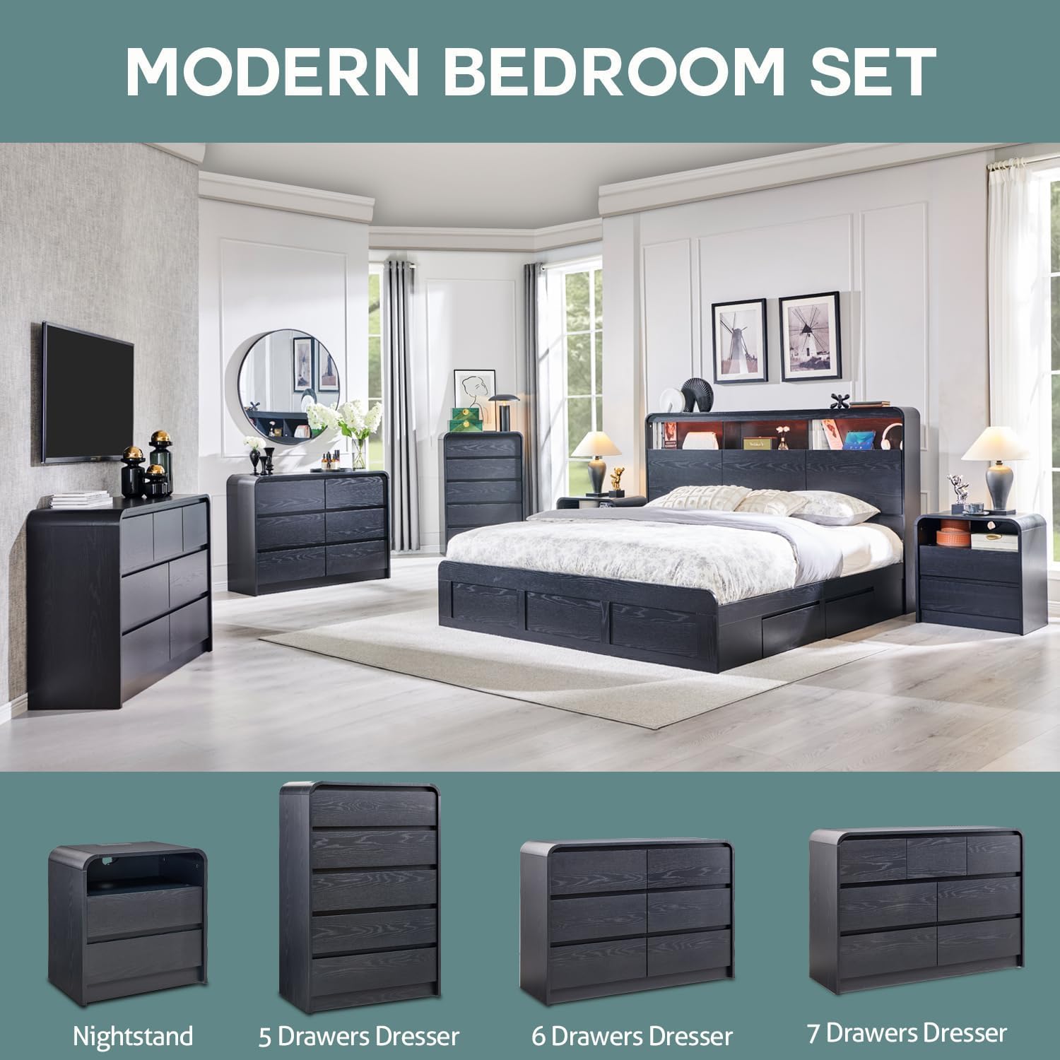 25" Tall Modern Nightstand with Charging Station, 23.6'' Wide Wood Bedside Table w/2 Storage Drawers, Large Mid Century End Table for Bedroom, Living Room, Curved Profile Design, Black