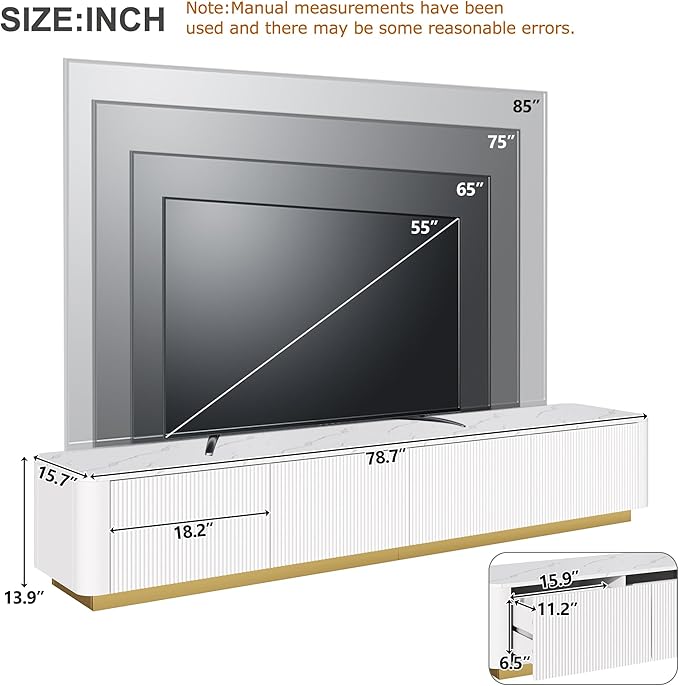 Ball & Cast Luxury Fluted TV Stand with 4 Drawers for TVs up to 85", Modern Media Console w/Faux Marble Tabletop and Gold Base, Curved Profile Design,Entertainment Center for Living Room,White