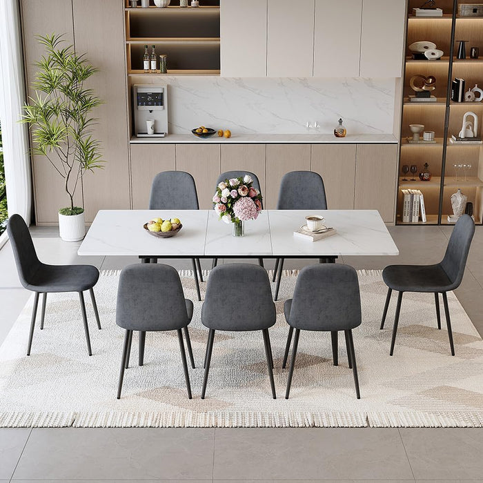 FURNITO Dining Table Set for 8, 59"-75" Extendable Dining Room Table Set with 8 Upholstered Chairs, White Kitchen Table Chairs Set for Living Room, Apartment, Easy to Assemble