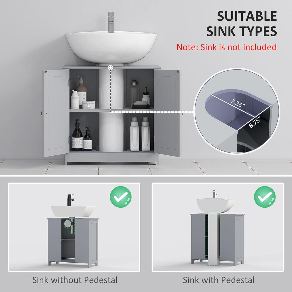 kleankin 23.5" Pedestal Sink Storage Cabinet, Freestanding Bathroom Under Sink Cabinet with U-Shape Cut-Out and Adjustable Shelf, Gray